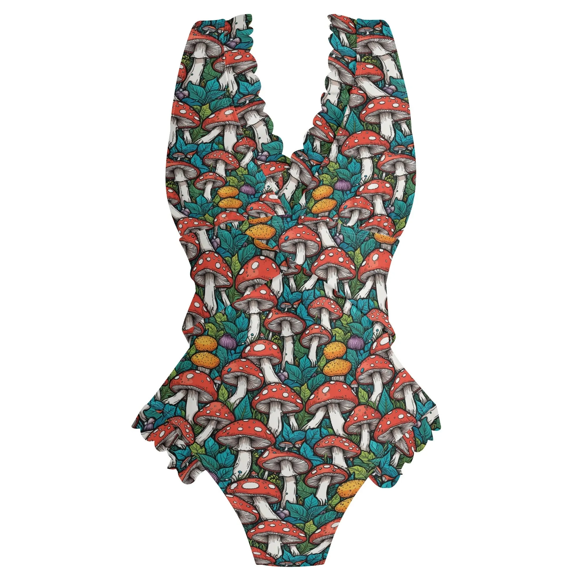 Womens Colored Mushrooms Ruffle Edge Cross-Front One Piece Swimsuit Bathing Suit