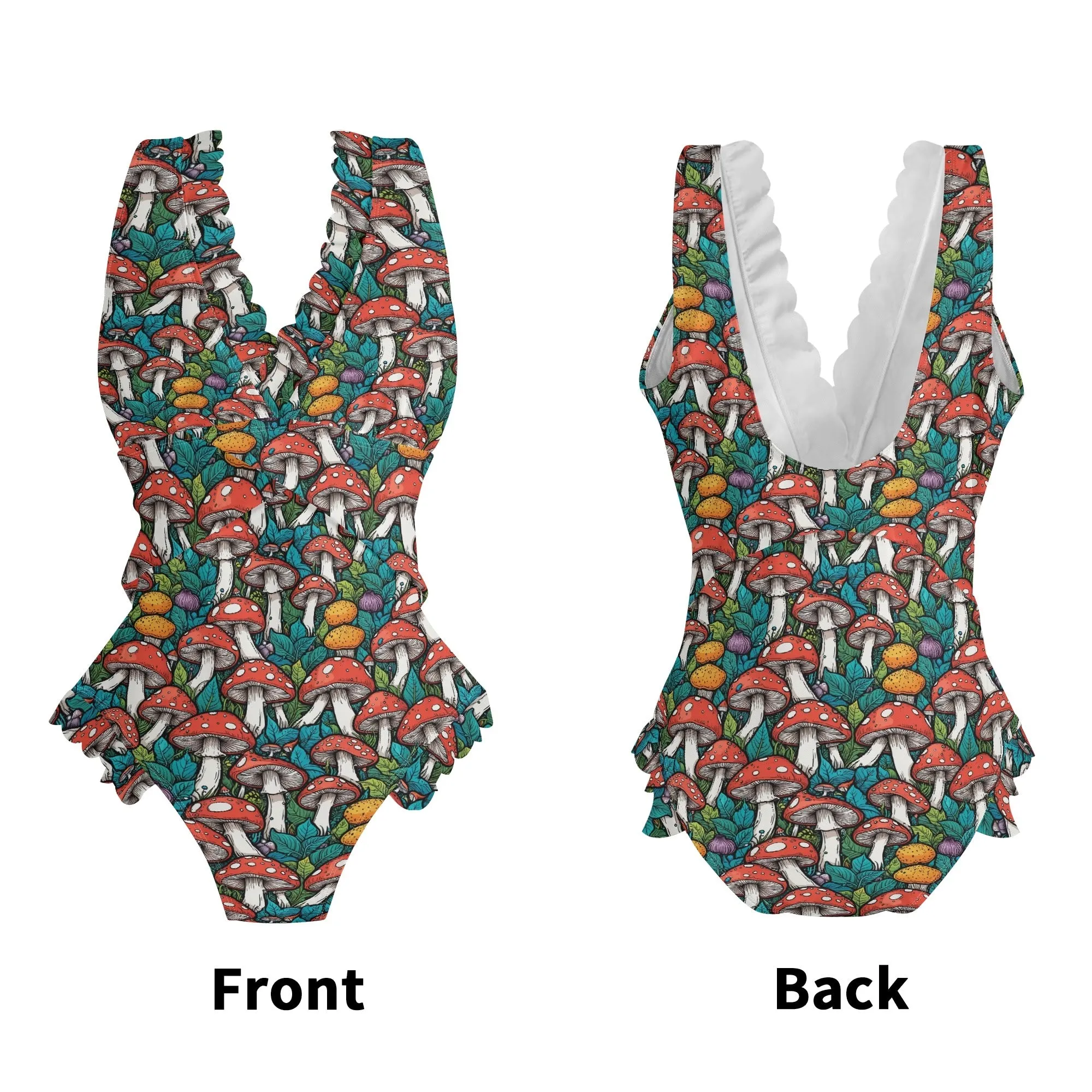 Womens Colored Mushrooms Ruffle Edge Cross-Front One Piece Swimsuit Bathing Suit