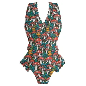 Womens Colored Mushrooms Ruffle Edge Cross-Front One Piece Swimsuit Bathing Suit