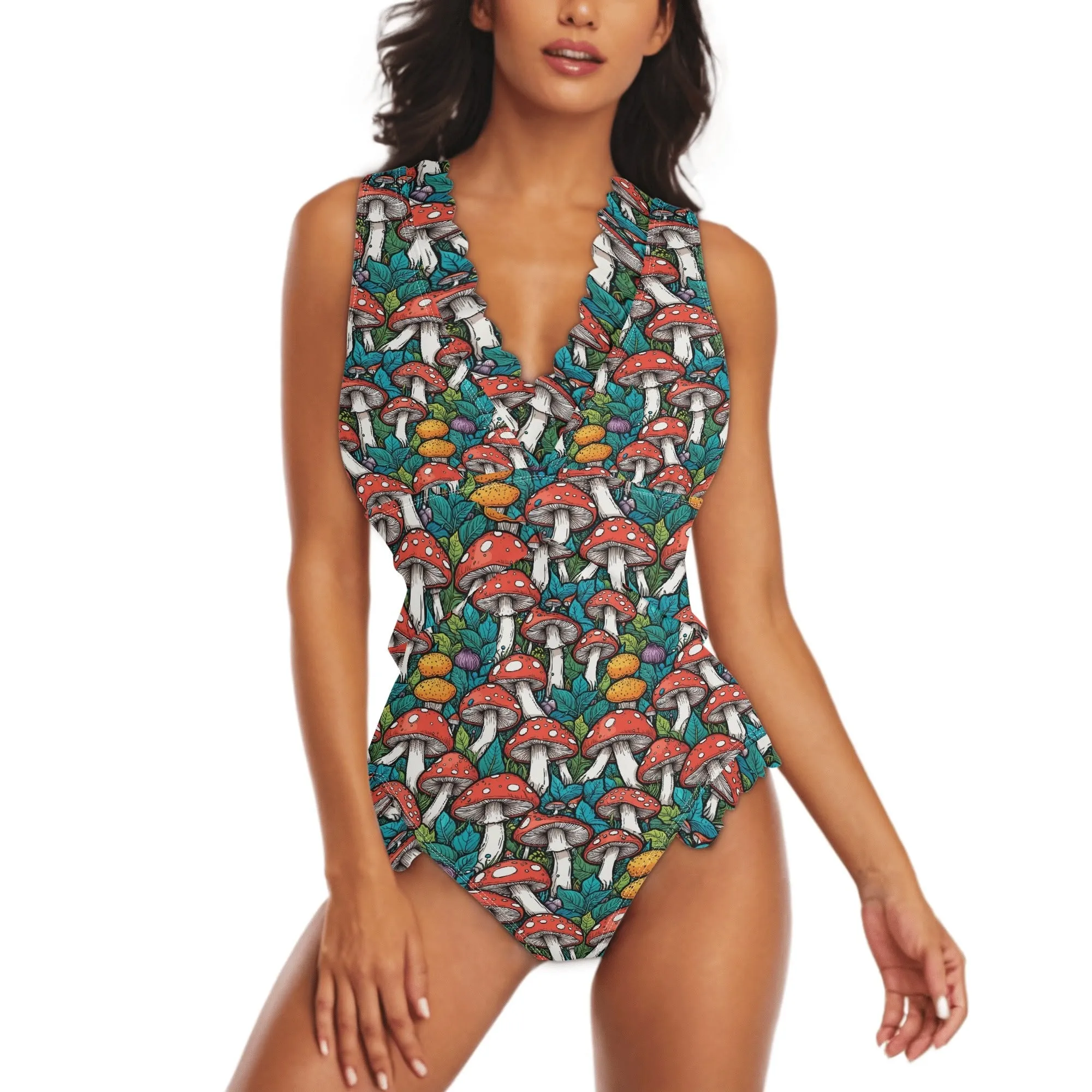Womens Colored Mushrooms Ruffle Edge Cross-Front One Piece Swimsuit Bathing Suit