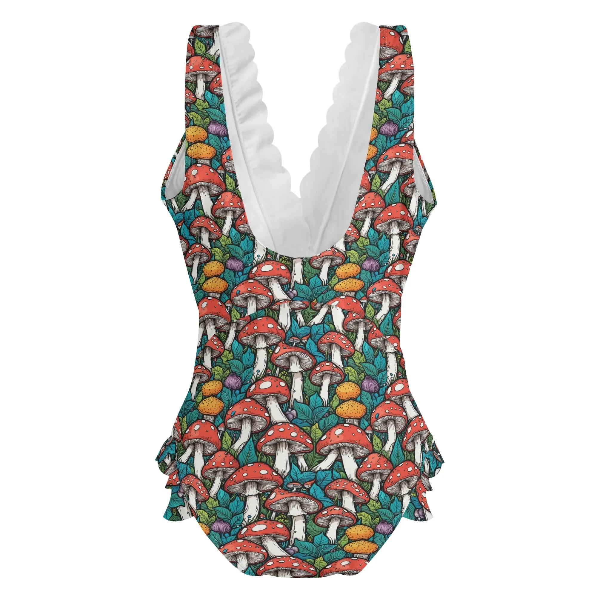 Womens Colored Mushrooms Ruffle Edge Cross-Front One Piece Swimsuit Bathing Suit