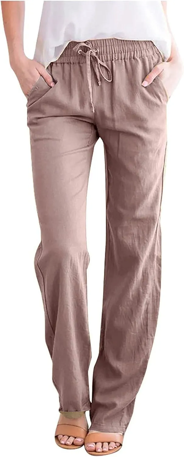 Womens Cotton Linen Pants Drawstring Elastic Waist Wide Leg Loose Fit Summer Trouser Palazzo Pants Women with Pockets
