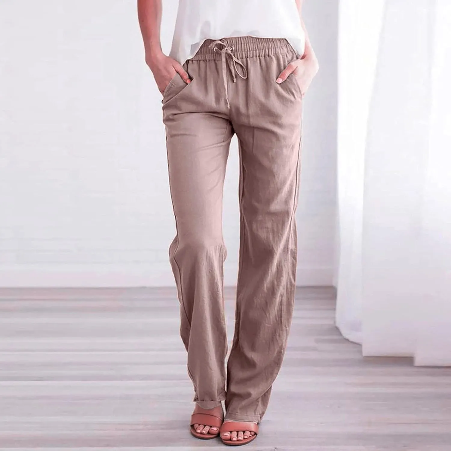 Womens Cotton Linen Pants Drawstring Elastic Waist Wide Leg Loose Fit Summer Trouser Palazzo Pants Women with Pockets
