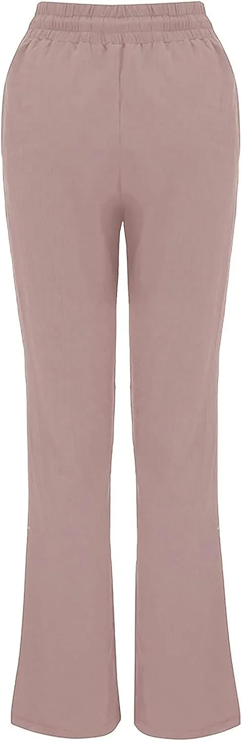 Womens Cotton Linen Pants Drawstring Elastic Waist Wide Leg Loose Fit Summer Trouser Palazzo Pants Women with Pockets