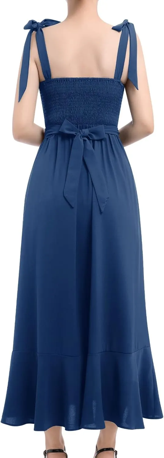 Women's Elegant Bridesmaid Dress Square Neck Ruffle Split Summer Dresses 2024 Wedding Guest Cocktail Party Midi Dress