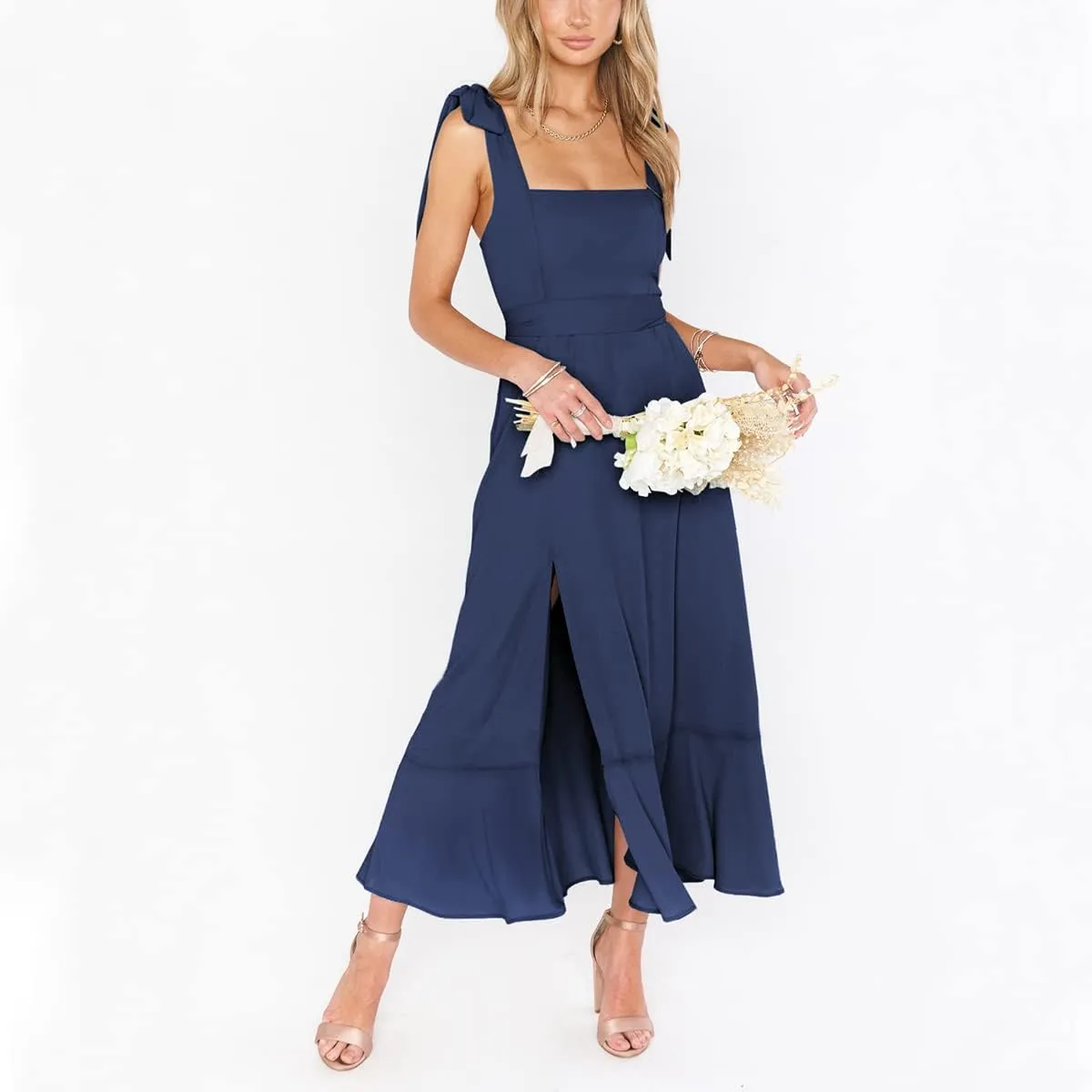 Women's Elegant Bridesmaid Dress Square Neck Ruffle Split Summer Dresses 2024 Wedding Guest Cocktail Party Midi Dress