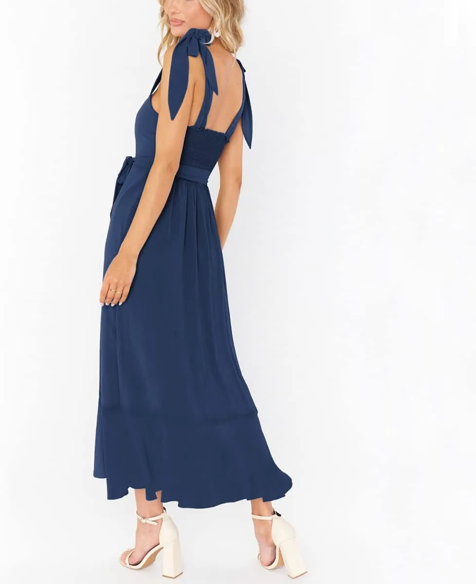 Women's Elegant Bridesmaid Dress Square Neck Ruffle Split Summer Dresses 2024 Wedding Guest Cocktail Party Midi Dress