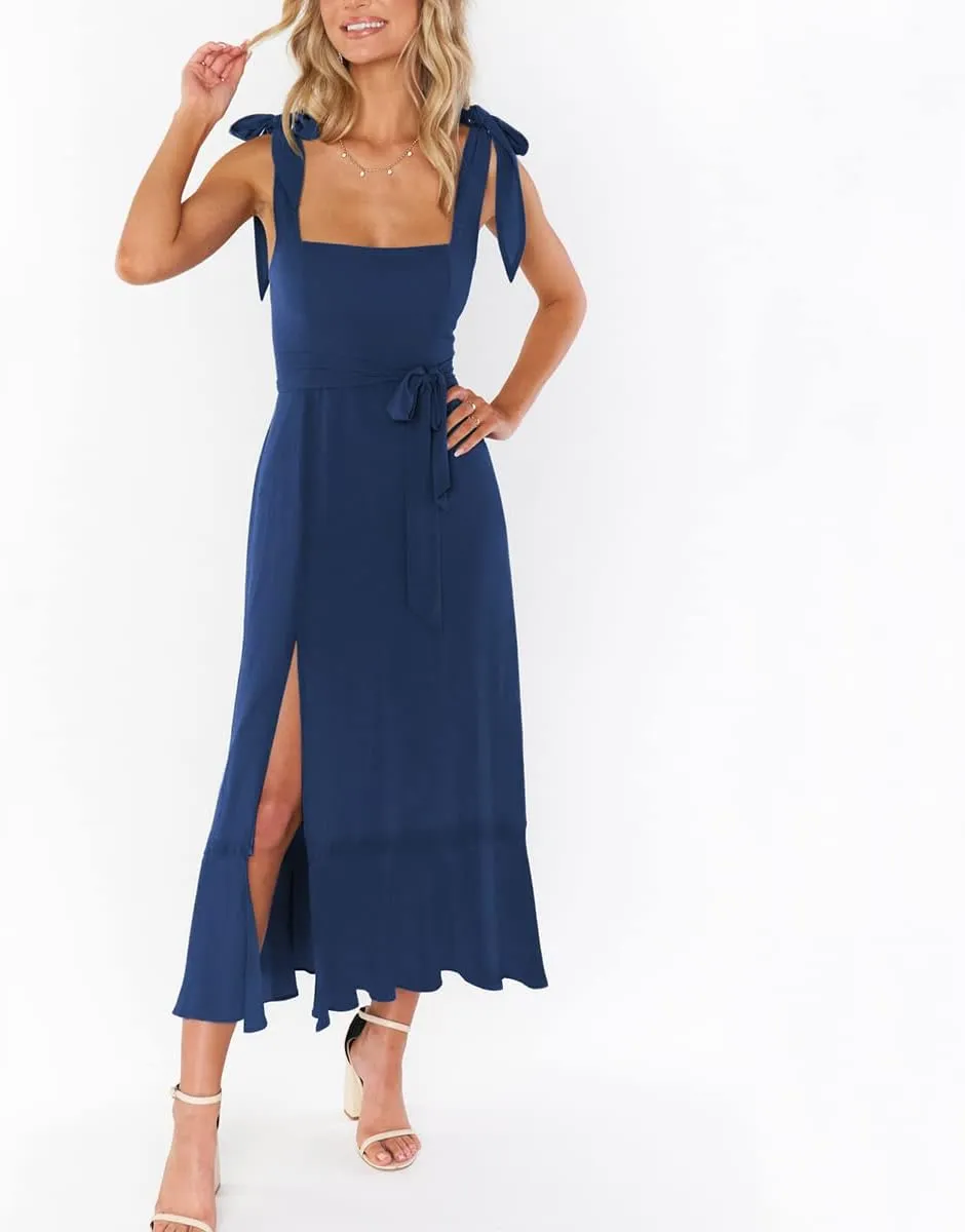 Women's Elegant Bridesmaid Dress Square Neck Ruffle Split Summer Dresses 2024 Wedding Guest Cocktail Party Midi Dress
