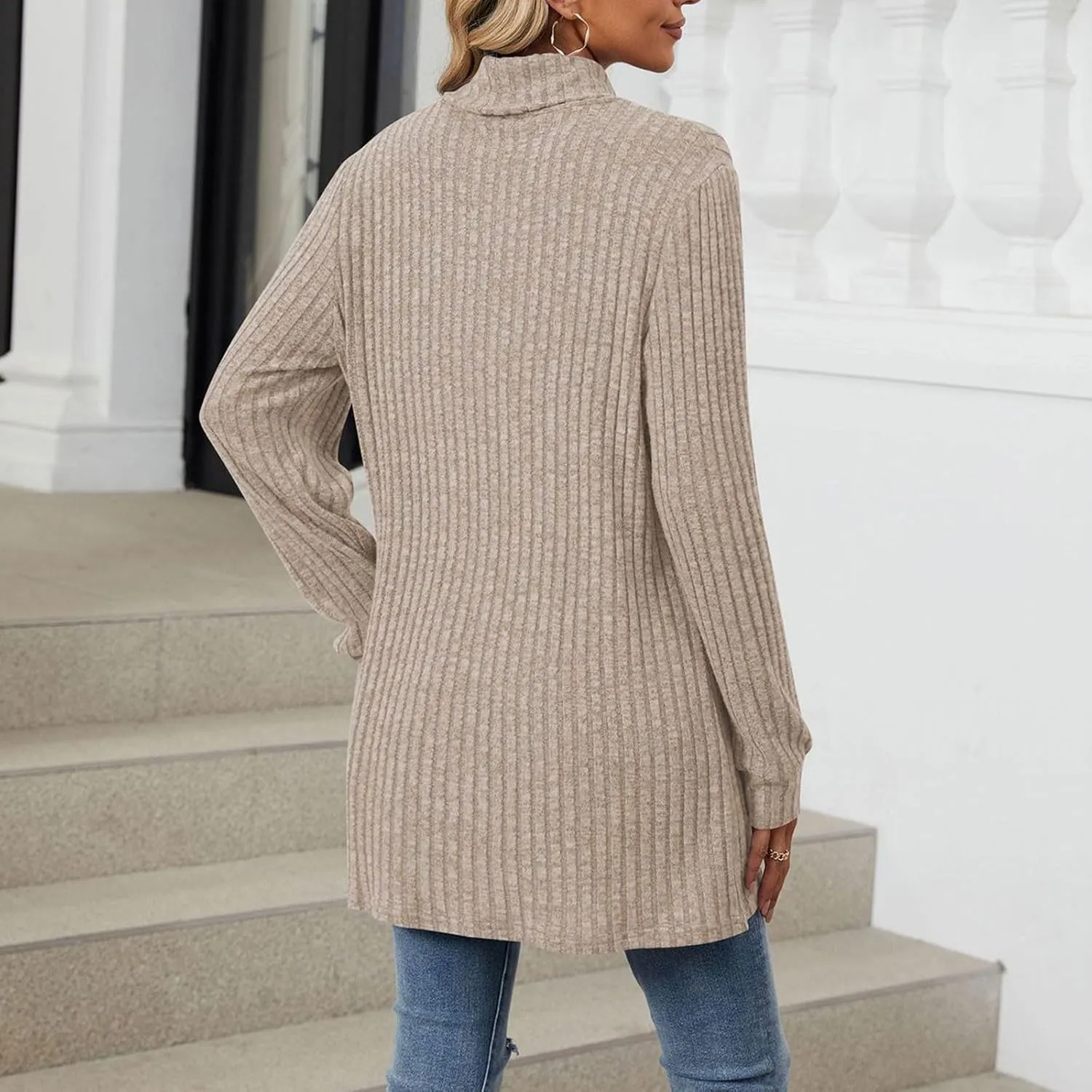 Womens Fall Turtleneck Sweater Tops Loose Fit Ribbed Knit Shirts Casual Lightweight Soft Pullover with Pockets