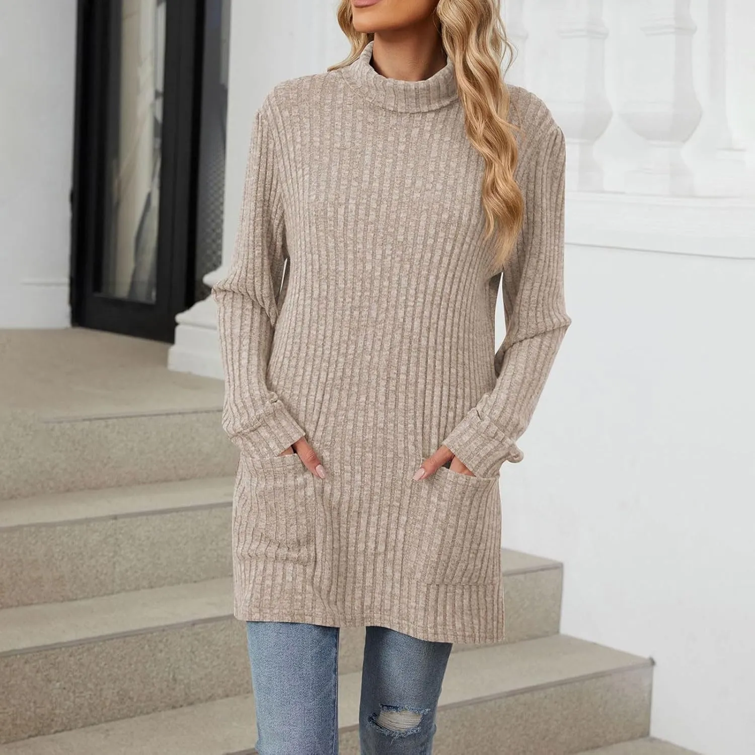 Womens Fall Turtleneck Sweater Tops Loose Fit Ribbed Knit Shirts Casual Lightweight Soft Pullover with Pockets