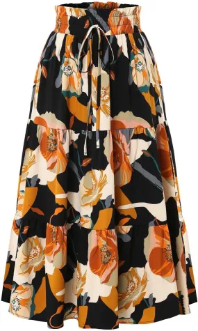 Women's Flowy High Waist A-Line Maxi Skirt Summer Casual Boho Floral Hawaii Beach Skirts Lightweight Long Skirts