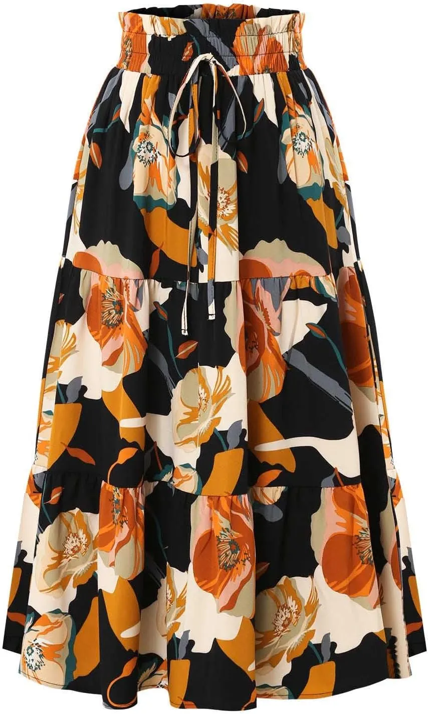 Women's Flowy High Waist A-Line Maxi Skirt Summer Casual Boho Floral Hawaii Beach Skirts Lightweight Long Skirts