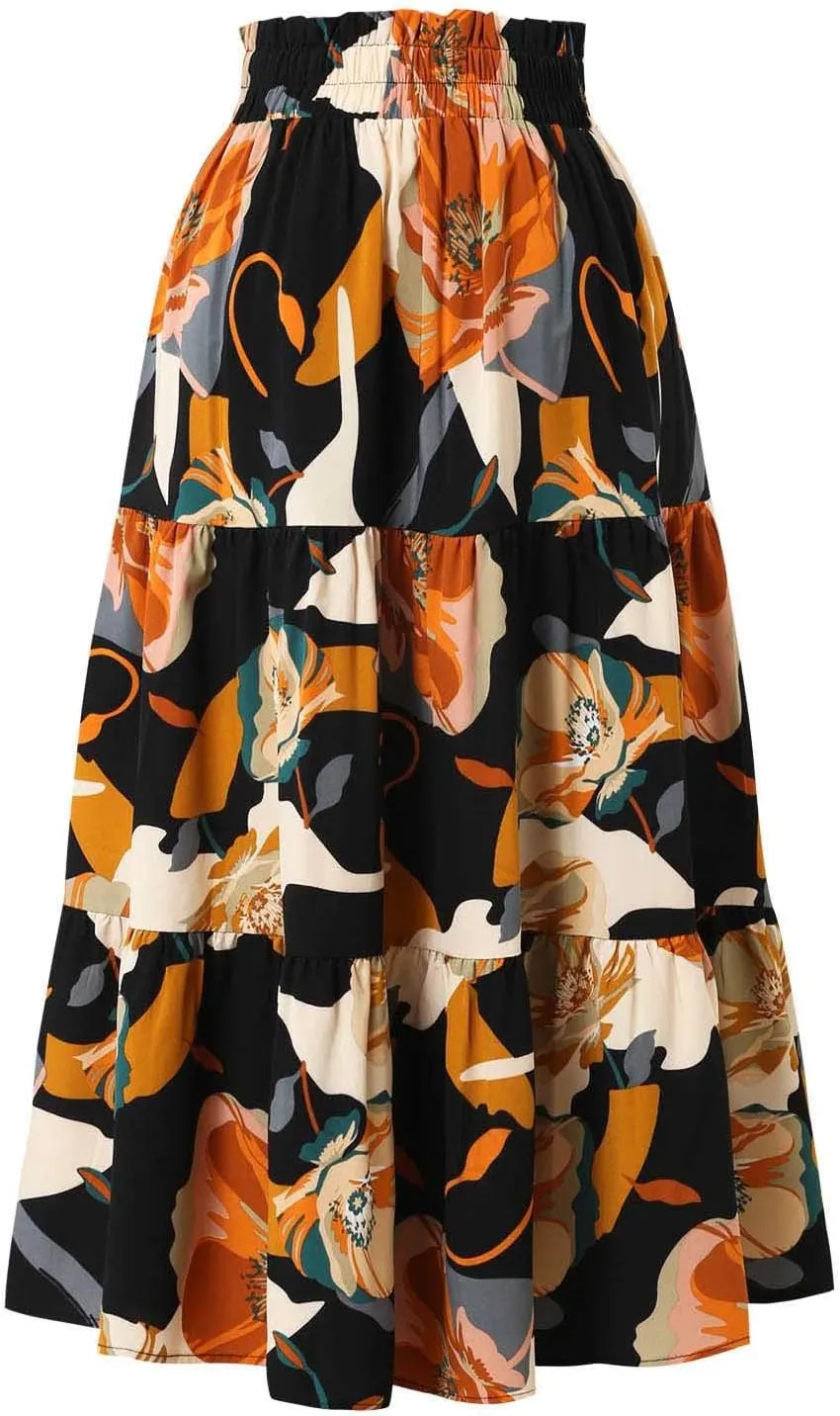 Women's Flowy High Waist A-Line Maxi Skirt Summer Casual Boho Floral Hawaii Beach Skirts Lightweight Long Skirts