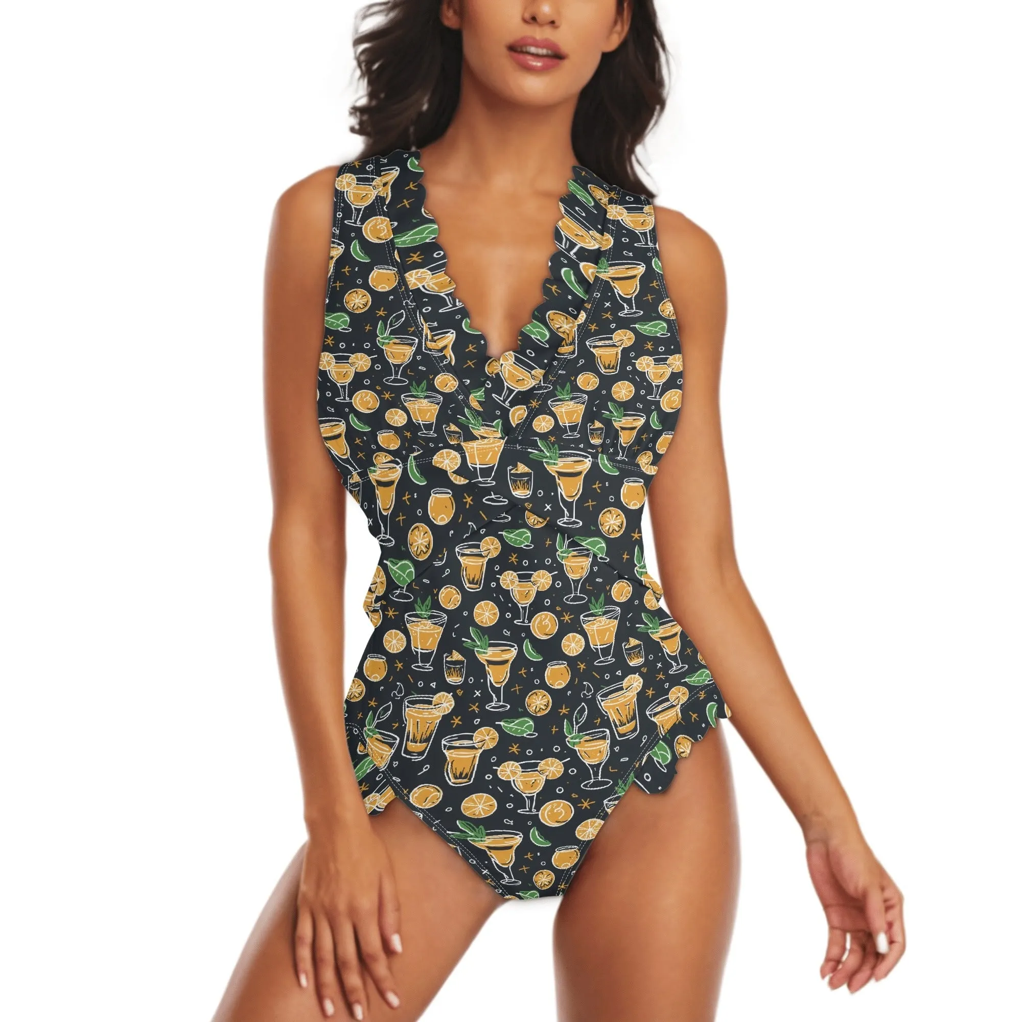 Womens Gold Margarita Ruffle Edge Cross-Front One Piece Swimsuit Bathing Suit