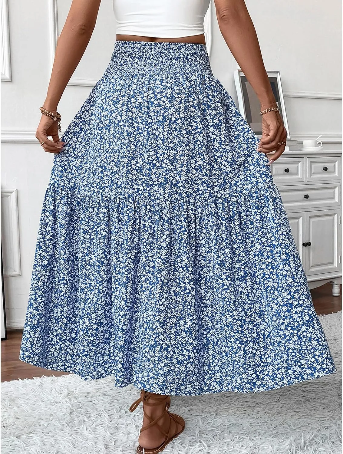 Womens High Elastic Waisted Skirts Summer Pleated Floral A-Line Midi Skirts Lightweight Boho Swing Flowy Skirt