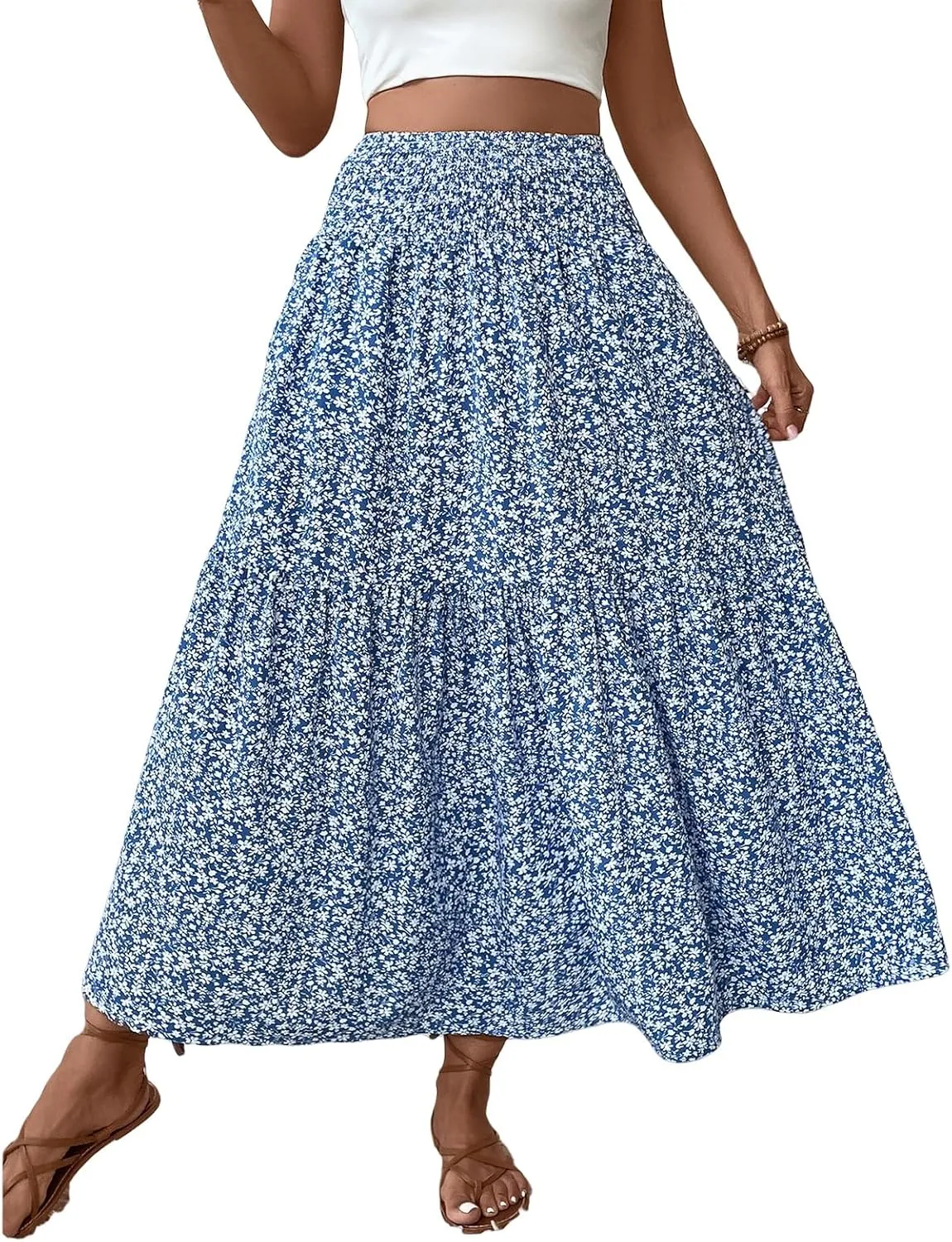 Womens High Elastic Waisted Skirts Summer Pleated Floral A-Line Midi Skirts Lightweight Boho Swing Flowy Skirt