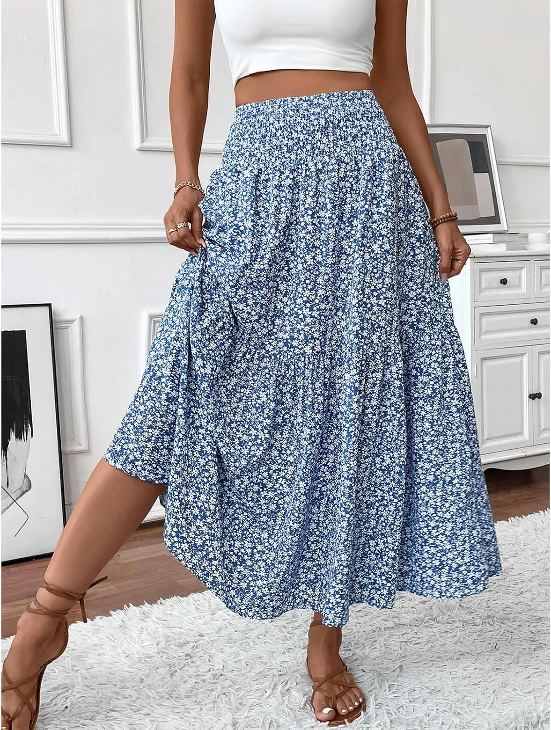Womens High Elastic Waisted Skirts Summer Pleated Floral A-Line Midi Skirts Lightweight Boho Swing Flowy Skirt