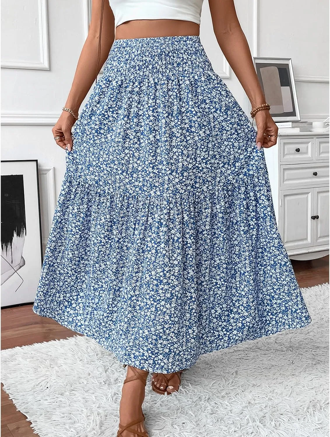 Womens High Elastic Waisted Skirts Summer Pleated Floral A-Line Midi Skirts Lightweight Boho Swing Flowy Skirt