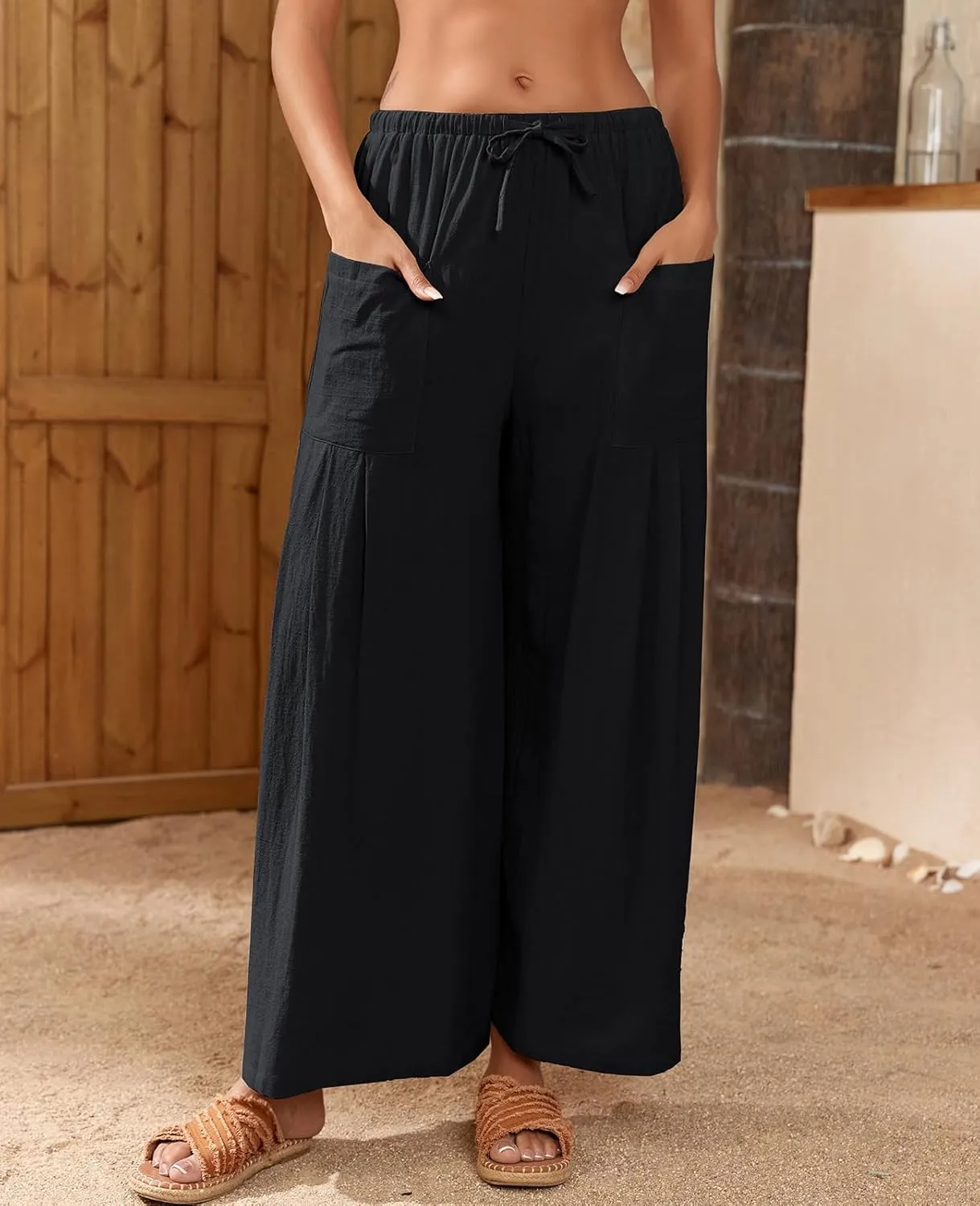 Women’s Linen Pants 2025 Summer Casual Wide Leg Palazzo Pants High Waist Loose Flowy Boho Trousers