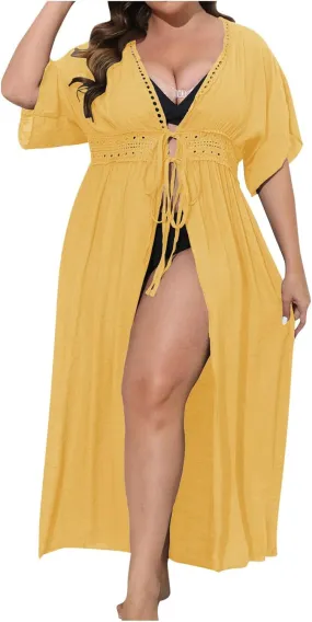 Women's Long Summer Cardigan Plus Size Lightweight Open Front Tops Swimwear Crochet Sun Protection Beach Cover Ups