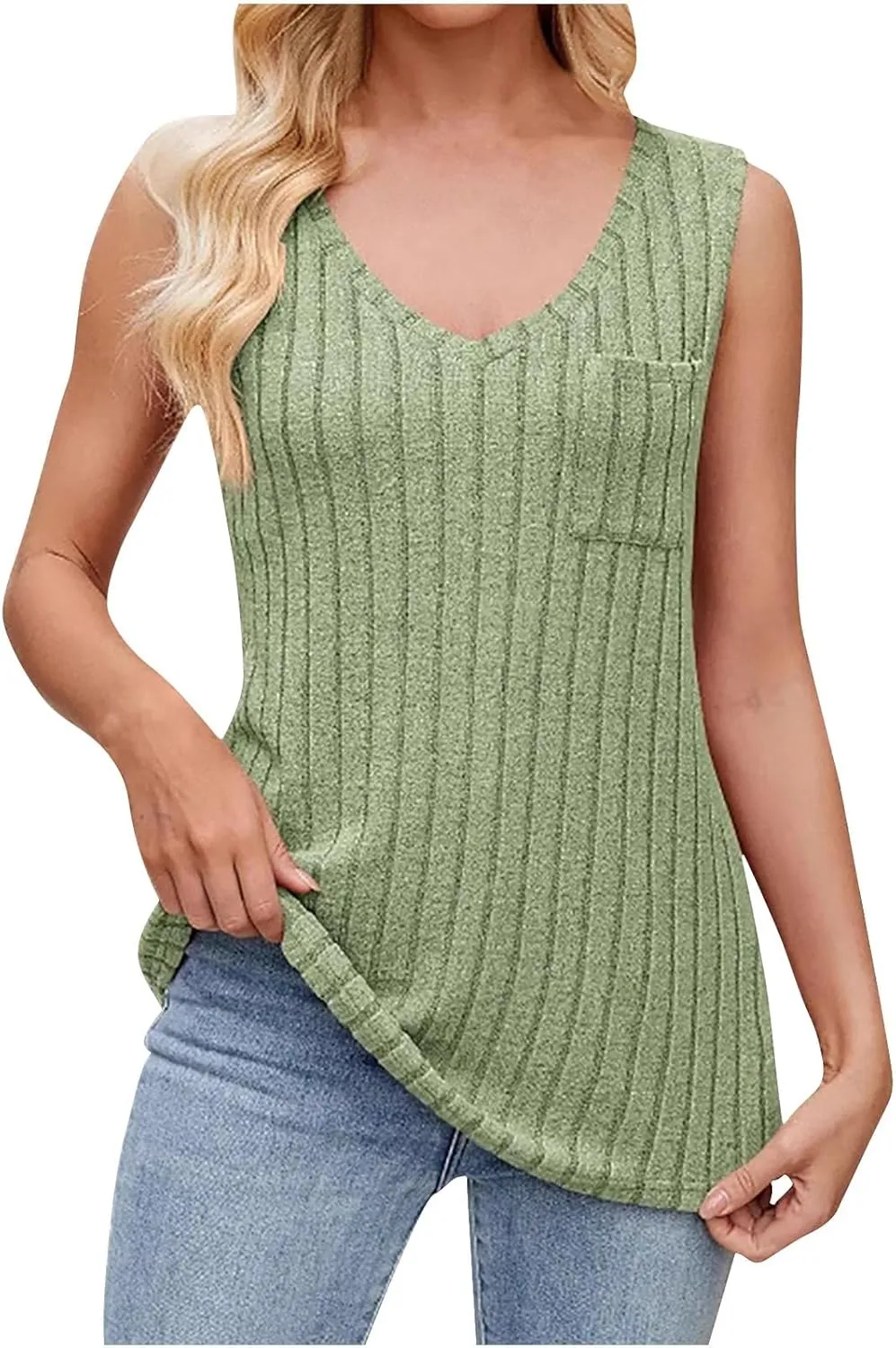 Women's Long Tank Tops Knit Sleeveless Casual Cozy T-Shirt V Neck Splicing Blouses Fashion Cozy Tanks with Pocket