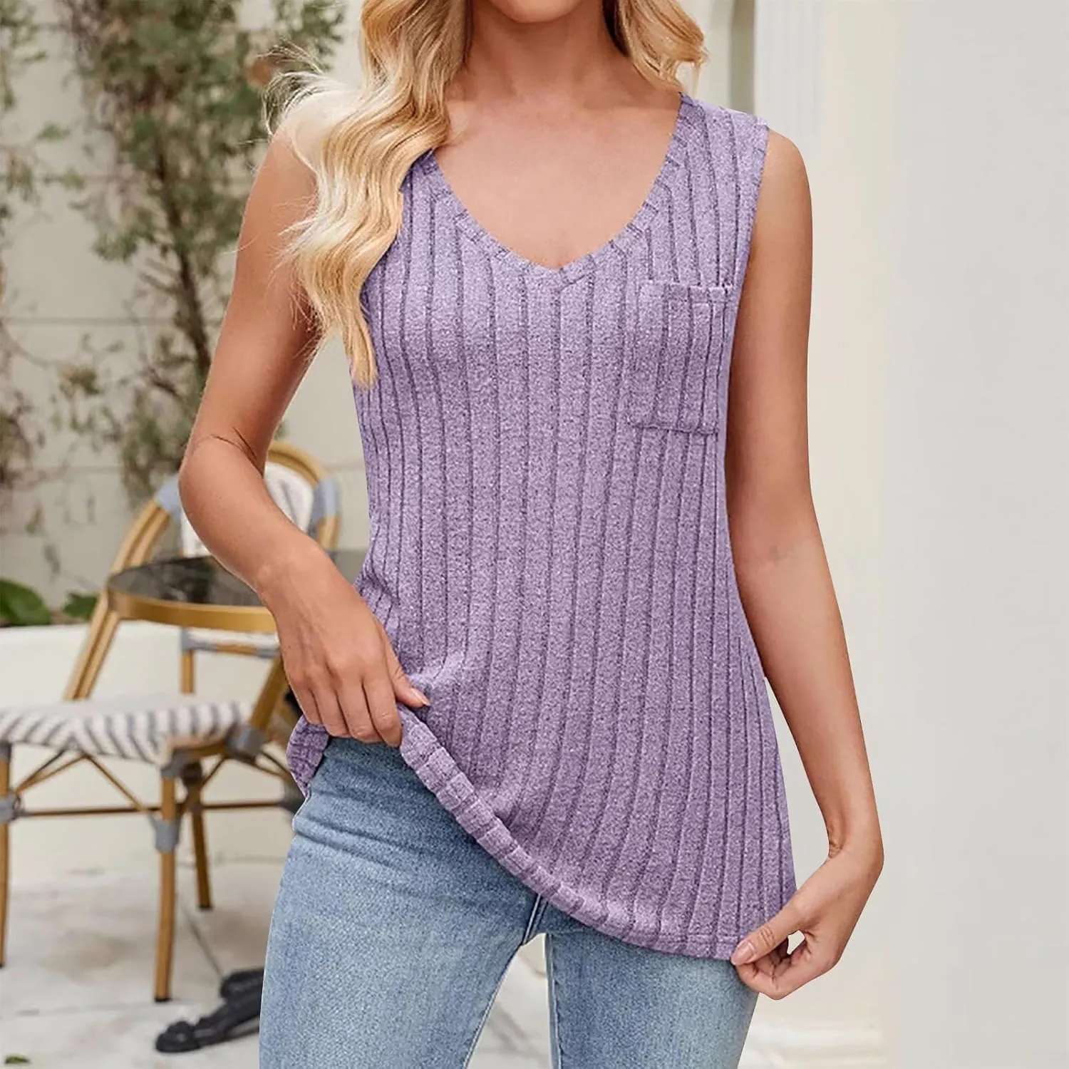 Women's Long Tank Tops Knit Sleeveless Casual Cozy T-Shirt V Neck Splicing Blouses Fashion Cozy Tanks with Pocket