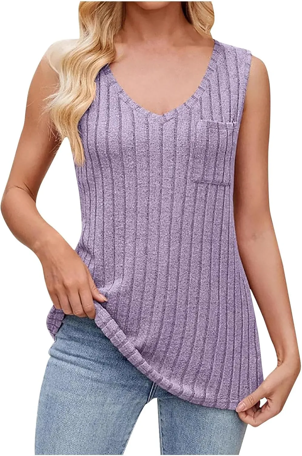 Women's Long Tank Tops Knit Sleeveless Casual Cozy T-Shirt V Neck Splicing Blouses Fashion Cozy Tanks with Pocket