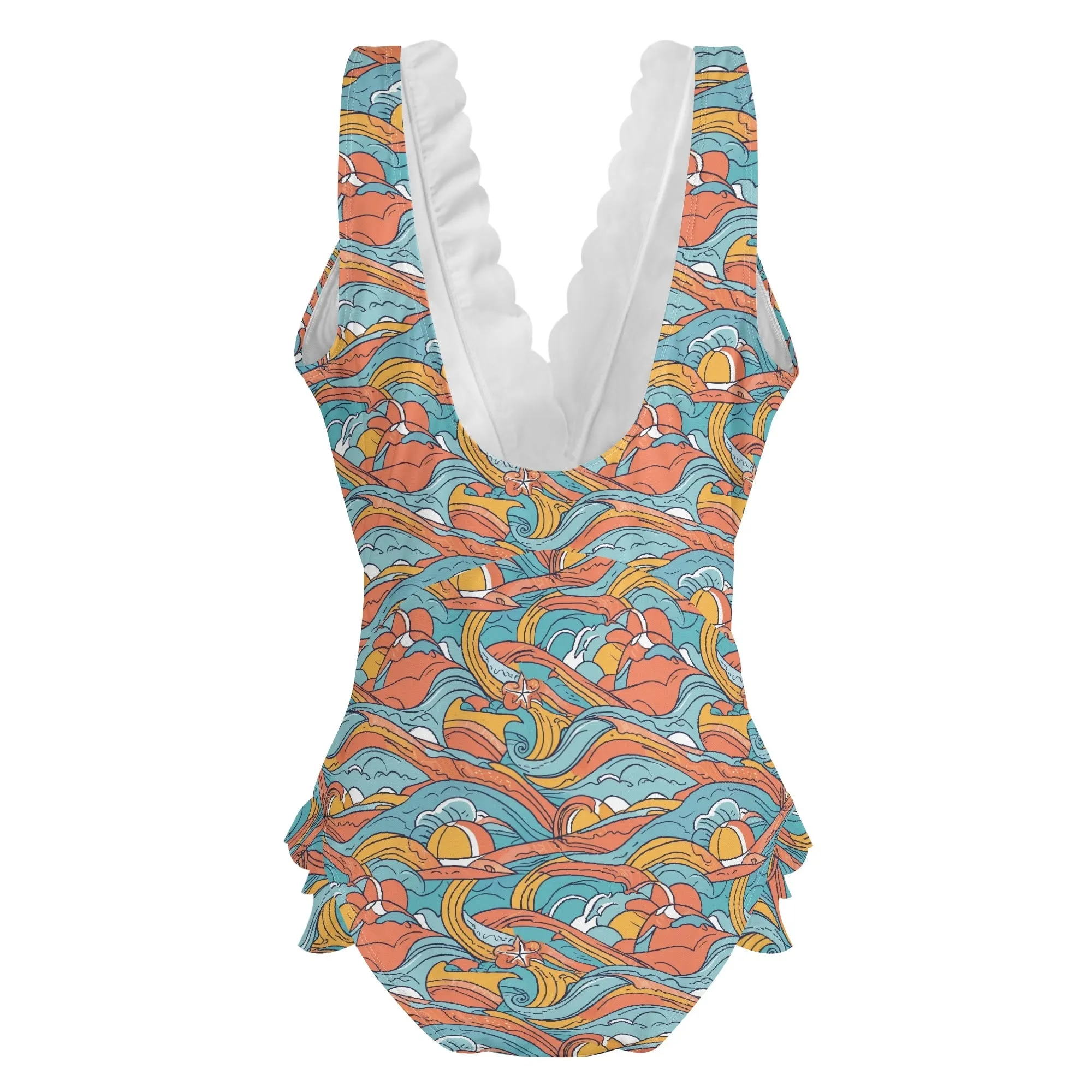 Womens Ocean Abstract Ruffle Edge Cross-Front One Piece Swimsuit Bathing Suit