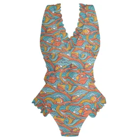 Womens Ocean Abstract Ruffle Edge Cross-Front One Piece Swimsuit Bathing Suit
