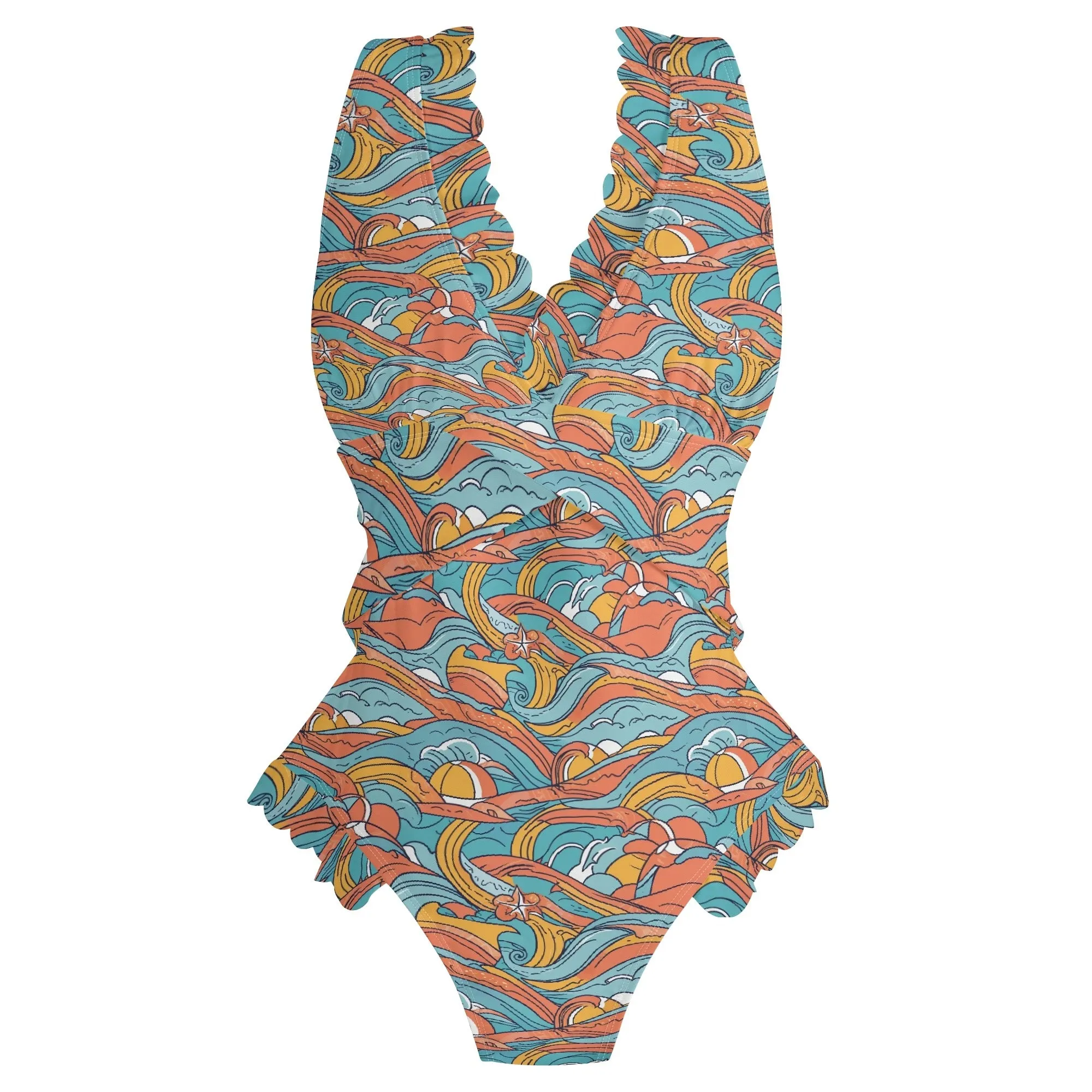 Womens Ocean Abstract Ruffle Edge Cross-Front One Piece Swimsuit Bathing Suit
