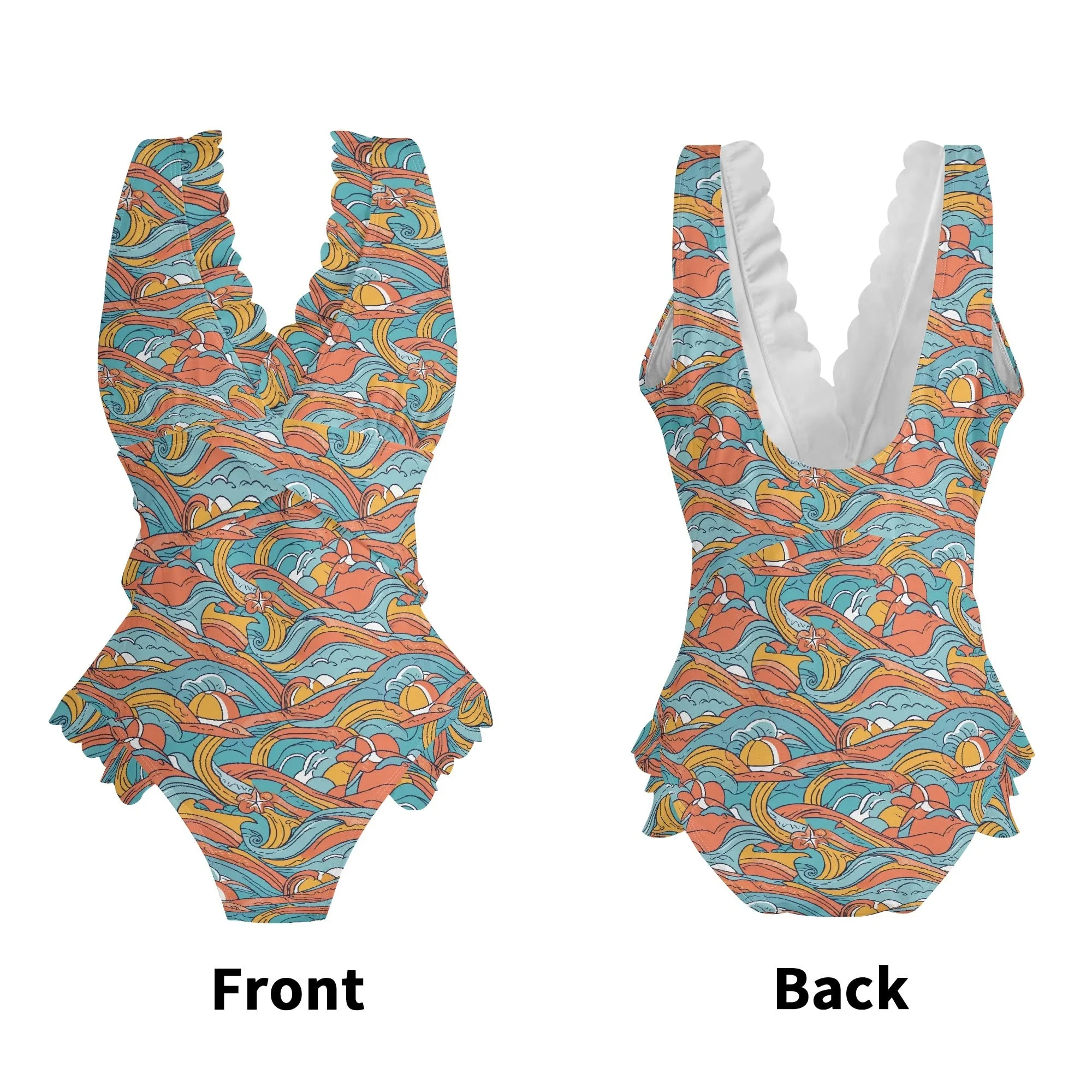 Womens Ocean Abstract Ruffle Edge Cross-Front One Piece Swimsuit Bathing Suit
