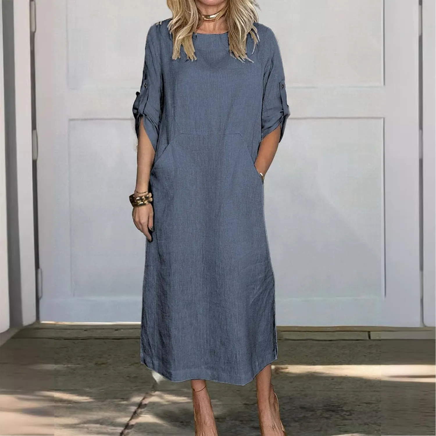 Women's Oversize Tunic Dress Cotton and Linen Long Sleeve Round Neck T Shirts Dresses Casual Solid Dress with Pockets
