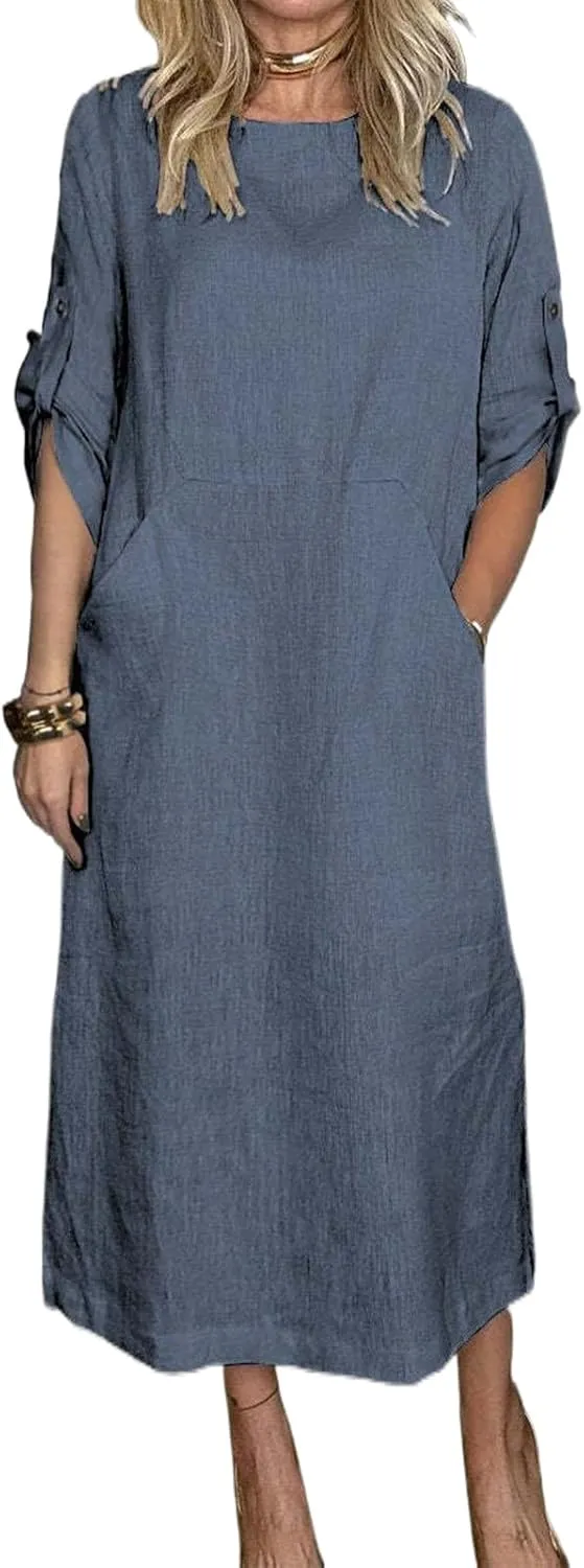 Women's Oversize Tunic Dress Cotton and Linen Long Sleeve Round Neck T Shirts Dresses Casual Solid Dress with Pockets