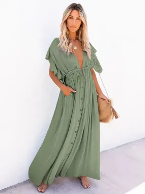 Women's Plunging Neckline Drawstring Cover Up Maxi Dress / Army Green
