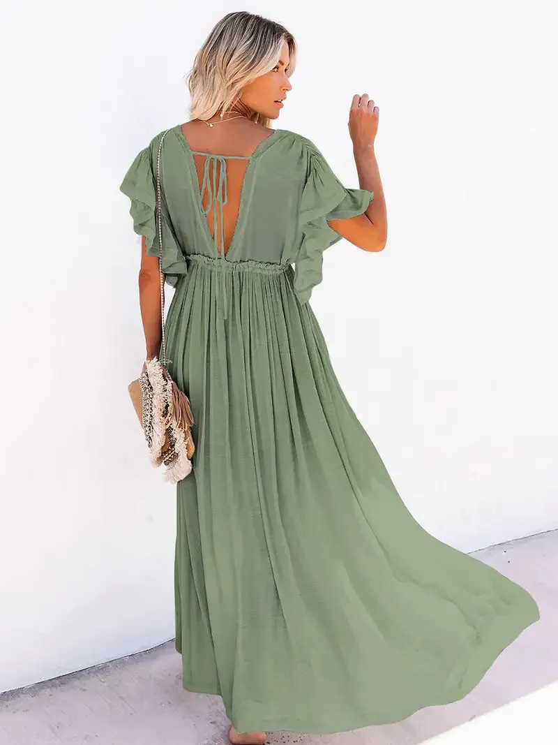 Women's Plunging Neckline Drawstring Cover Up Maxi Dress / Army Green
