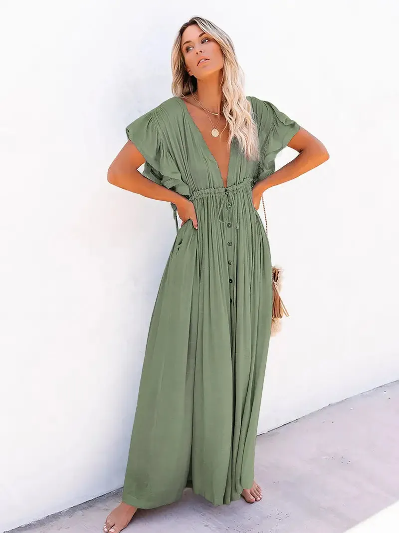 Women's Plunging Neckline Drawstring Cover Up Maxi Dress / Army Green