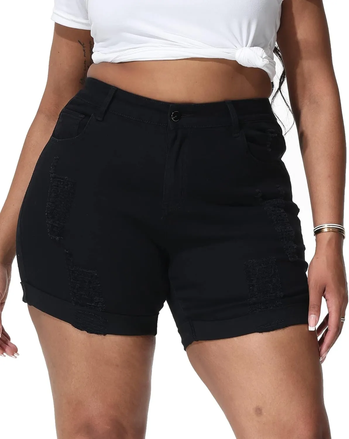 Womens Plus Size Jean Shorts Stretchy High Waisted Distressed Fold Hem Denim Shorts