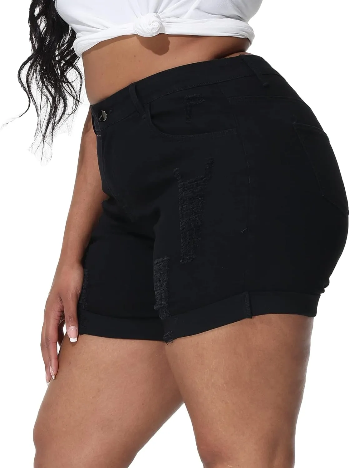 Womens Plus Size Jean Shorts Stretchy High Waisted Distressed Fold Hem Denim Shorts