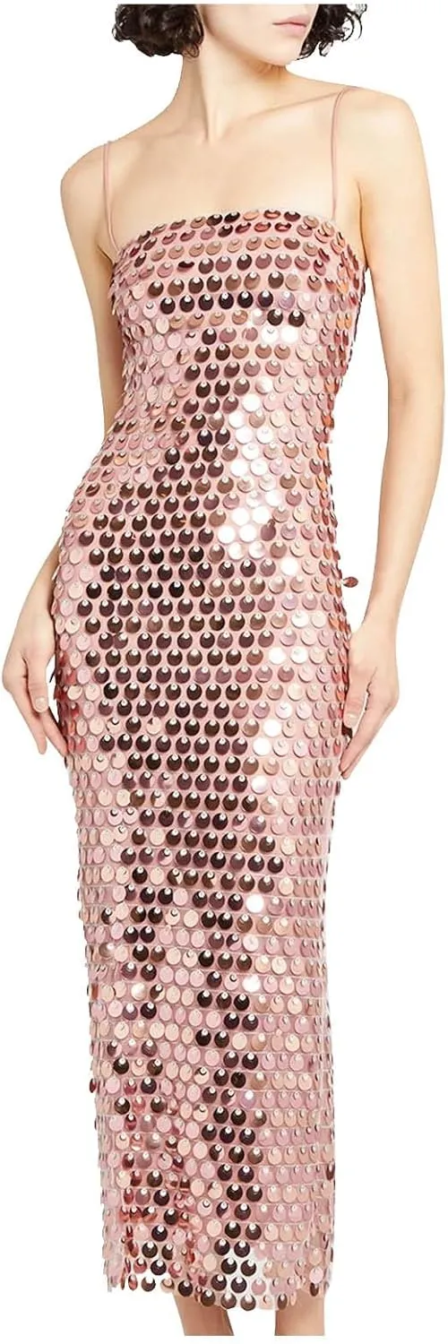 Womens Sequin Maxi Tulle Dresses Elegant Backless Bodycon Evening Gown Spaghetti Straps Sparkly Long Dress