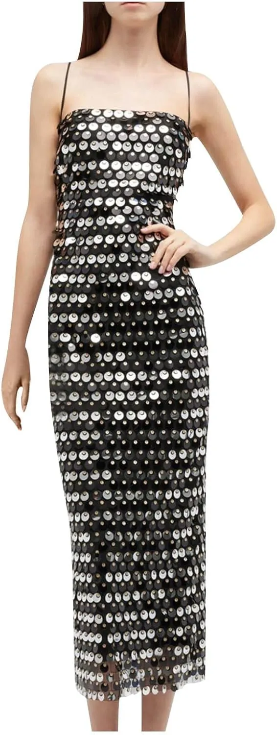 Womens Sequin Maxi Tulle Dresses Elegant Backless Bodycon Evening Gown Spaghetti Straps Sparkly Long Dress