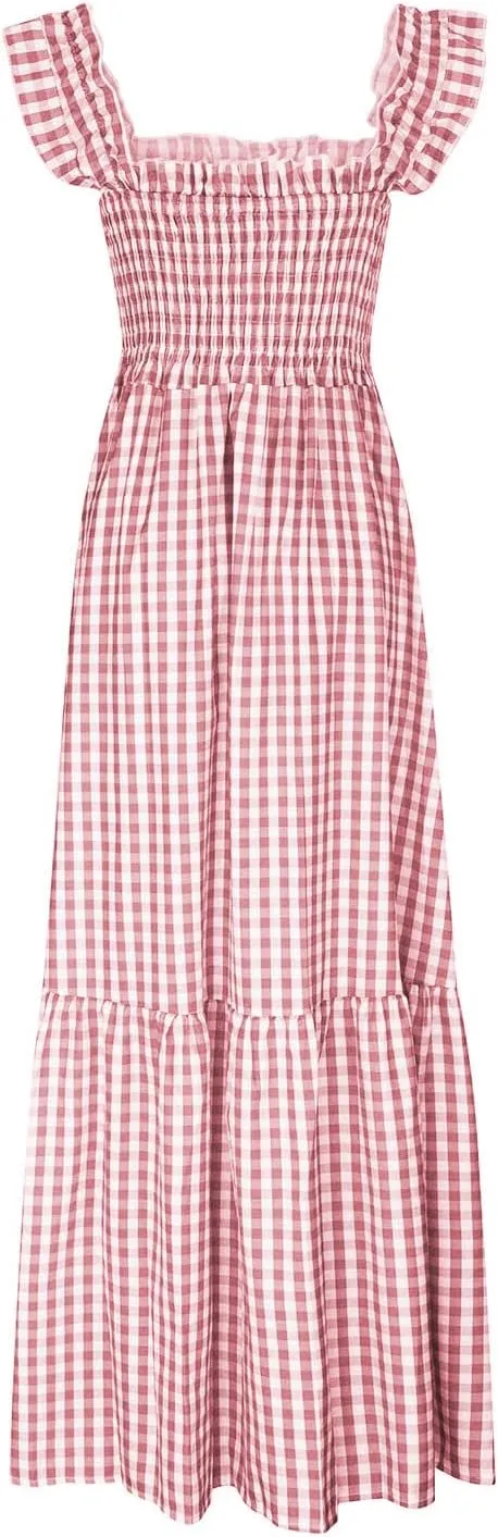 Womens Sleeveless Dresses Retro Plaid Spaghetti Strap Smocked Dress Summer Flowy Flounce Beach Long Dress