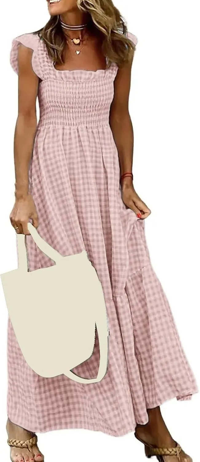 Womens Sleeveless Dresses Retro Plaid Spaghetti Strap Smocked Dress Summer Flowy Flounce Beach Long Dress