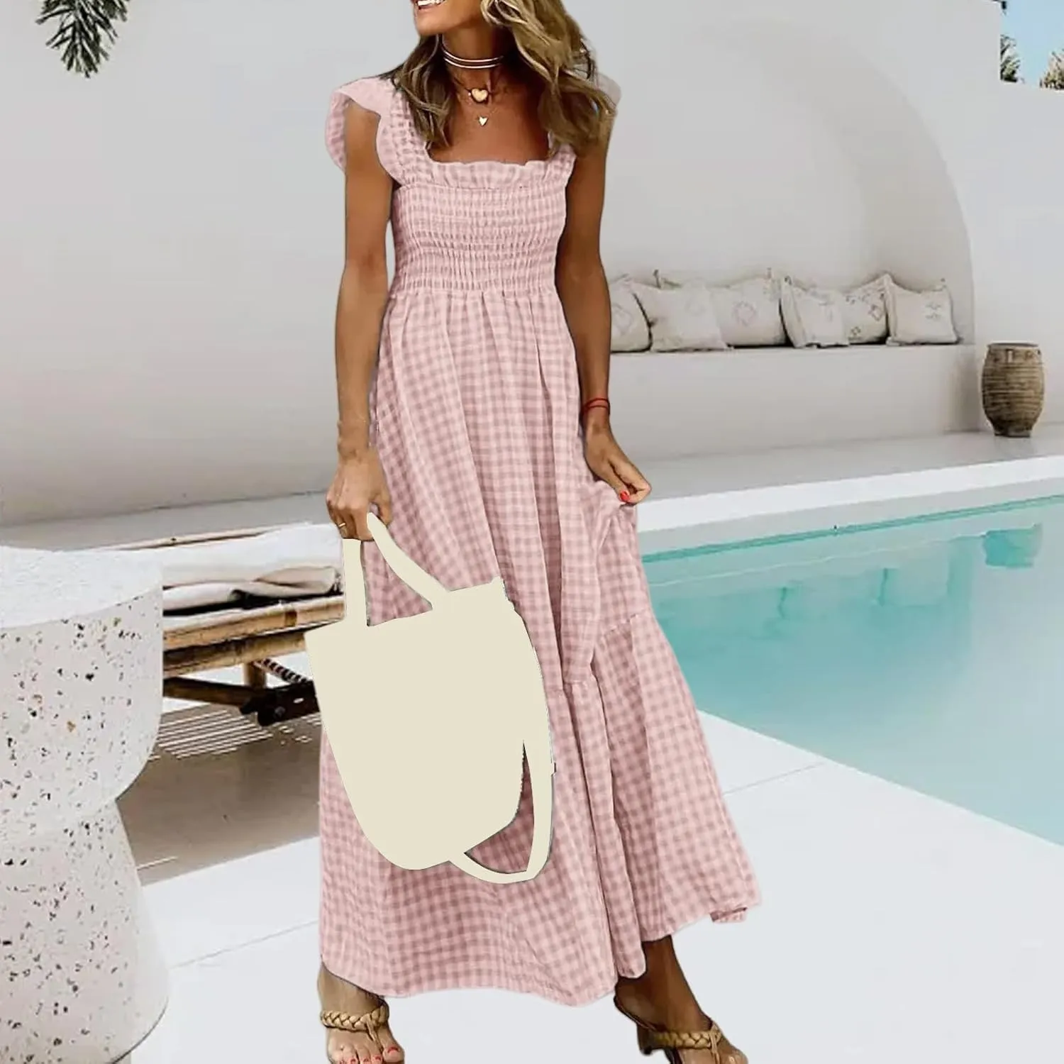 Womens Sleeveless Dresses Retro Plaid Spaghetti Strap Smocked Dress Summer Flowy Flounce Beach Long Dress