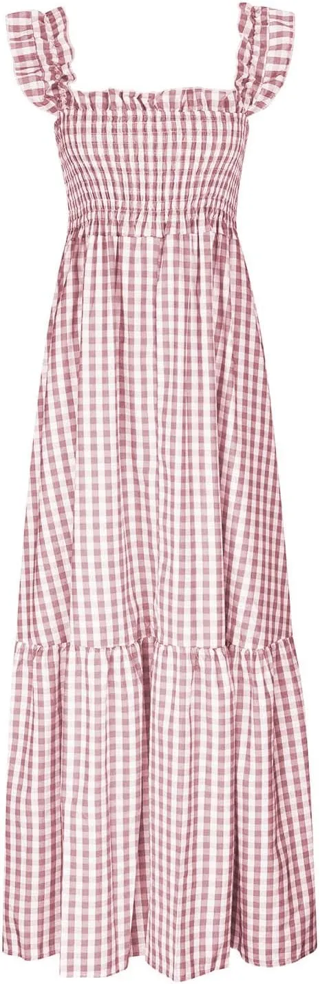 Womens Sleeveless Dresses Retro Plaid Spaghetti Strap Smocked Dress Summer Flowy Flounce Beach Long Dress