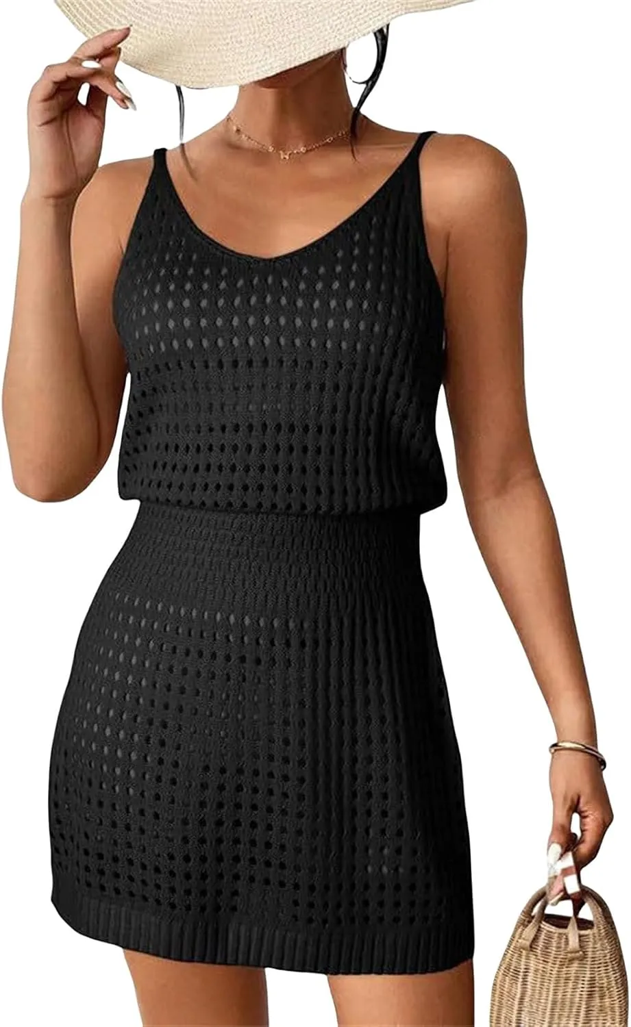 Womens Summer Crochet Hollow Out Knit Beach Bathing Suit Swim Cover Ups Sleeveless Tank Cruise Outfits Vacation Dress