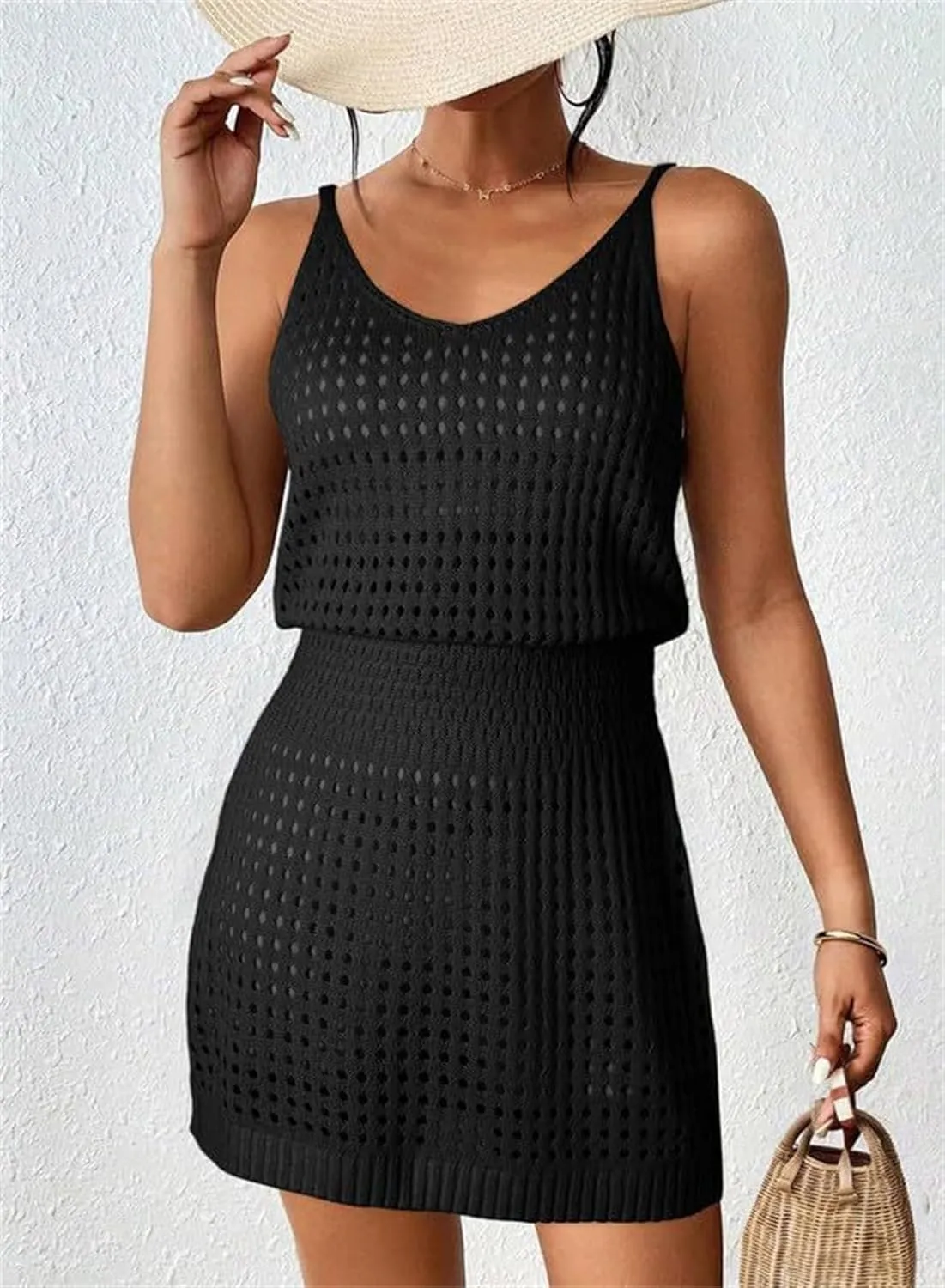 Womens Summer Crochet Hollow Out Knit Beach Bathing Suit Swim Cover Ups Sleeveless Tank Cruise Outfits Vacation Dress