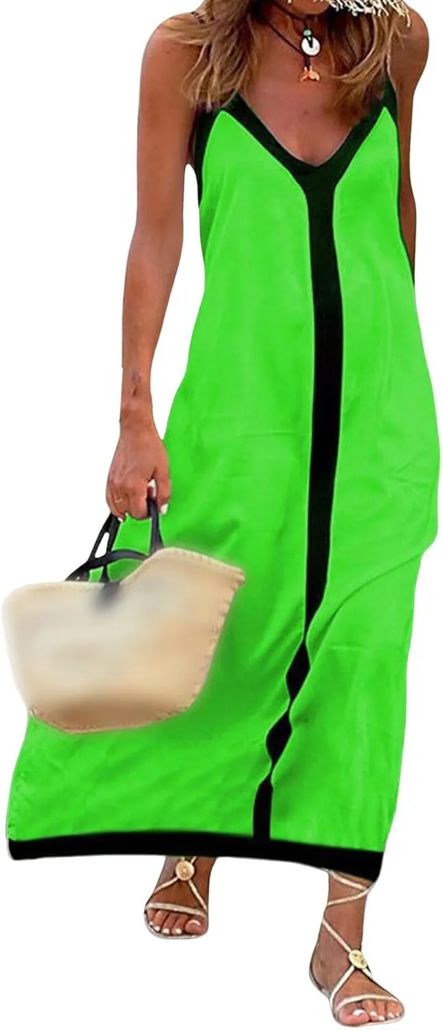 Womens Summer Maxi Dress Casual Sleeveless V Neck Spaghetti Strap Long Dresses Elegant Flowy Holiday Party Dress
