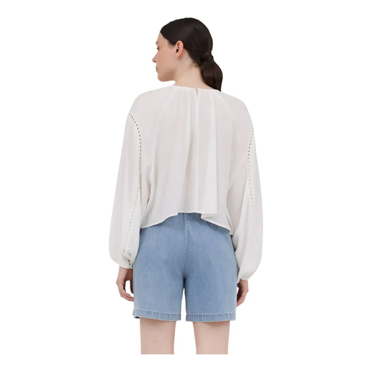 Women's White Peasant Blouse with Eyelet Trim