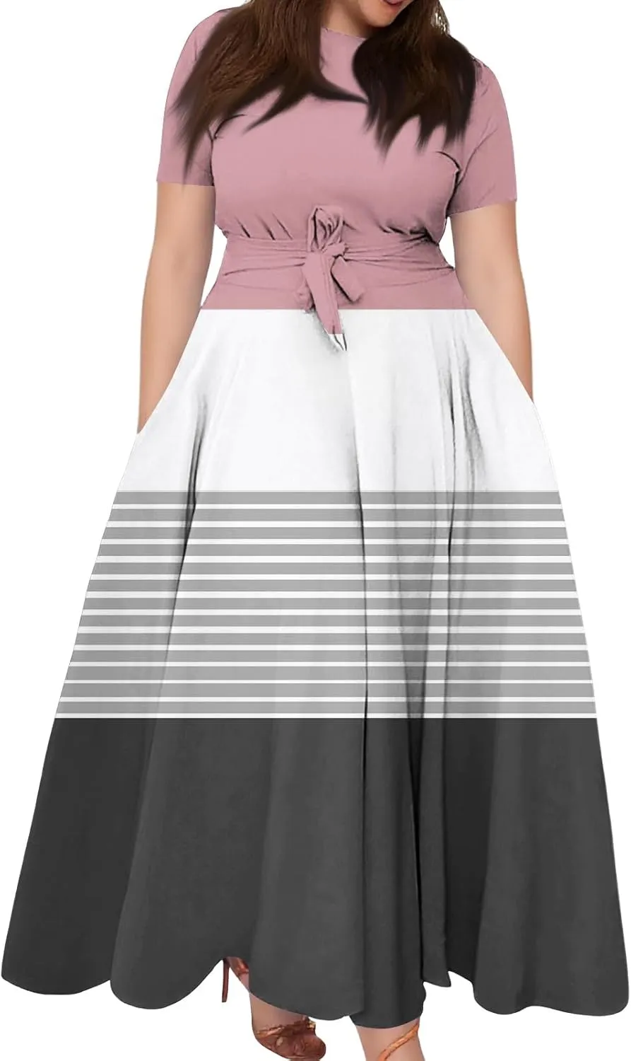 ZEFOTIM Maxi Dress for Women Plus Size Elegant Striped Dress Short Sleeve Crew Neck Dresses