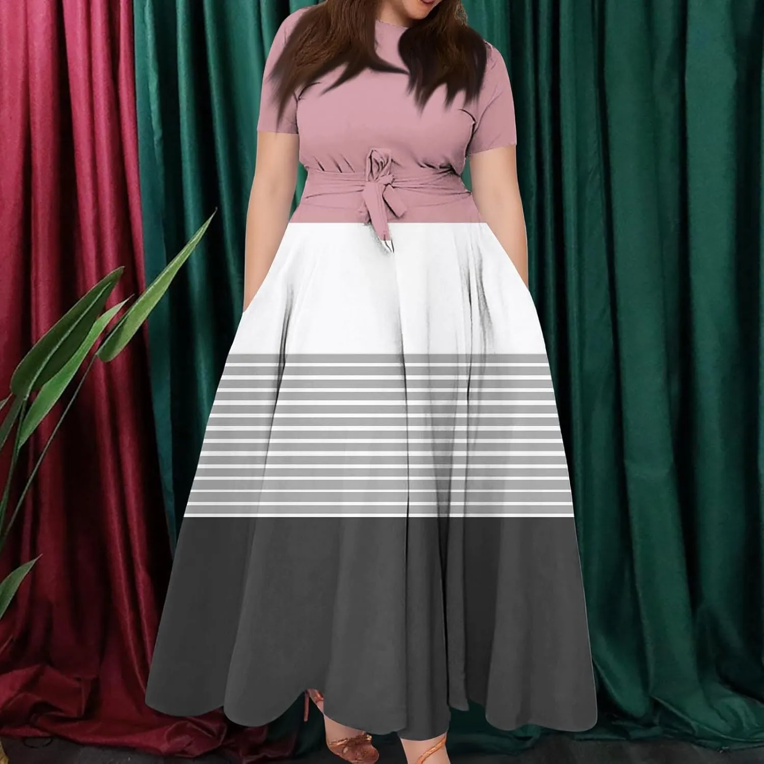 ZEFOTIM Maxi Dress for Women Plus Size Elegant Striped Dress Short Sleeve Crew Neck Dresses